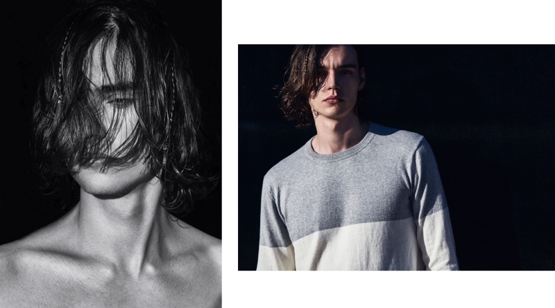 Appearing in a new shoot, Jack wears a lightweight color blocked sweater by Venroy.