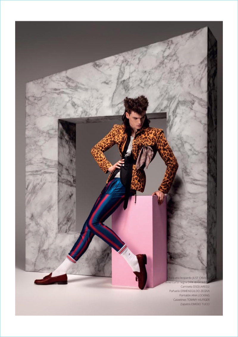 Donning a bold look, Filip Hrivnak wears a leopard jacket by Just Cavalli with a Dsquared2 shirt. Filip also sports Ana Locking pants with Emidio Tucci shoes.