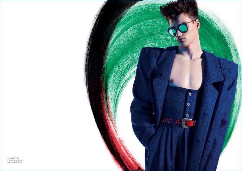 Channeling eighties style, Filip Hrivnak wears a suit by 4Studio with a Just Cavalli belt and Ana Locking sunglasses.