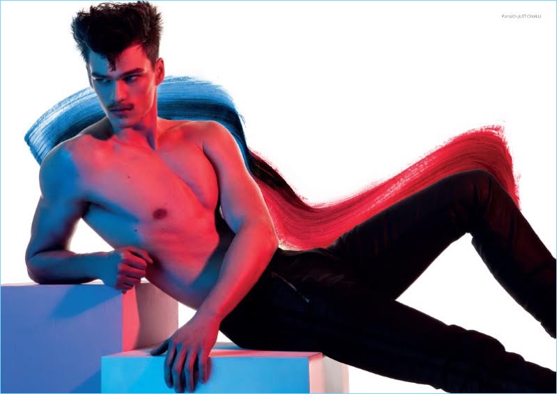 A shirtless Filip Hrivnak wears Just Cavalli pants for Risbel magazine.