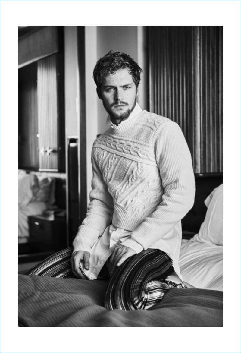 Joshua Liebman outfits Finn Jones in a sweater and shirt by Burberry with Roberto Cavalli striped pants. » Finn Jones Poses for Interview, Dishes on 'Iron Fist' Joshua Liebman outfits Finn Jones in a sweater and shirt by Burberry with Roberto Cavalli striped pants.