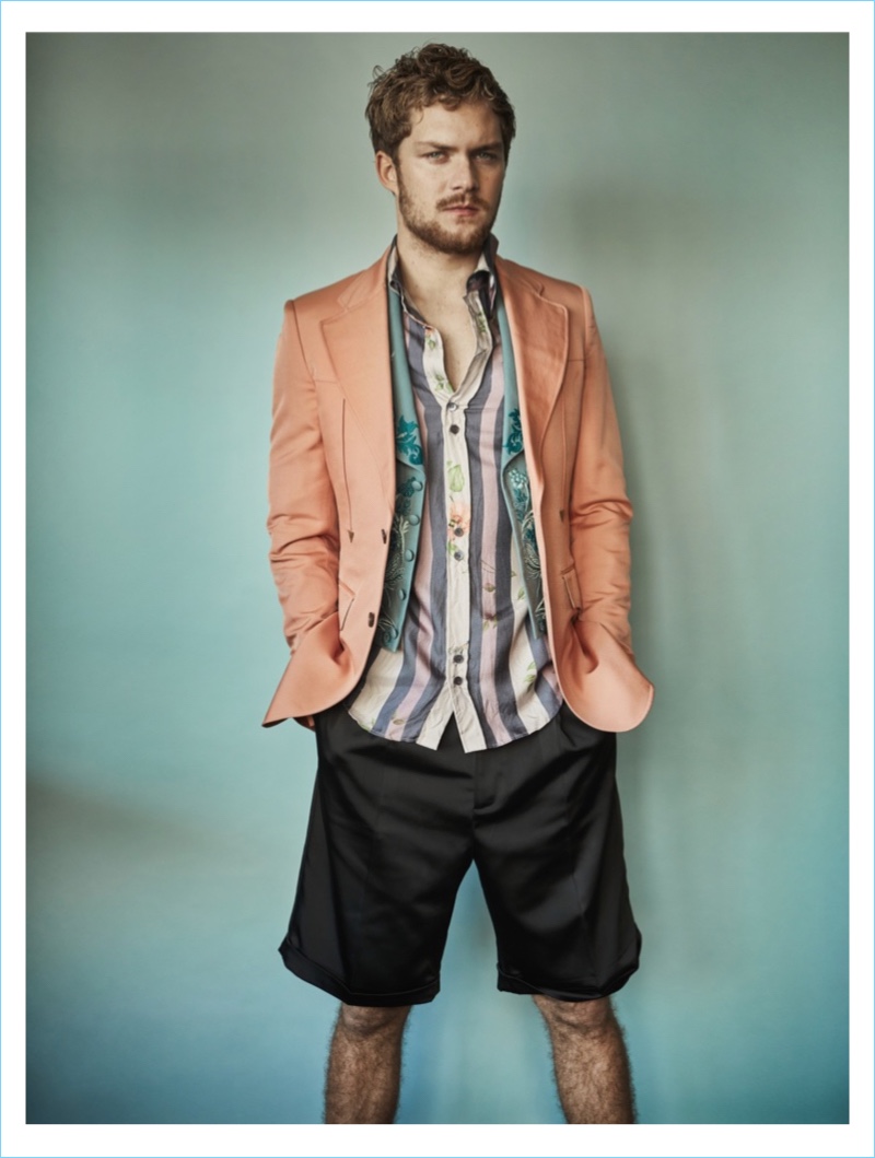 Actor Finn Jones sports a jacket, waistcoat, and shirt by Roberto Cavalli with shorts from The Kooples. » Finn Jones Poses for Interview, Dishes on 'Iron Fist' Actor Finn Jones sports a jacket, waistcoat, and shirt by Roberto Cavalli with shorts from The Kooples.
