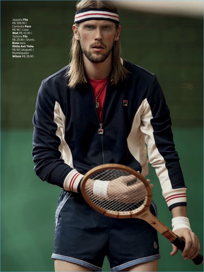 Taking to the tennis court, Fellipe Wermuth sports a Fila jacket with a Paco shirt and Bona shorts.
