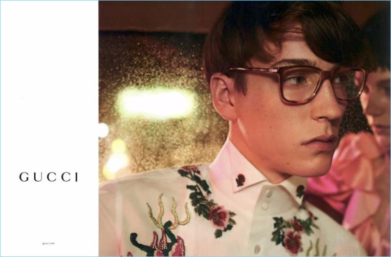 Nick Fortna wears Gucci square-frame tortoiseshell optical glasses $360 for the brand's spring-summer 2017 eyewear campaign.