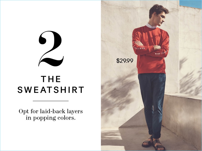 Connecting with H&M, Otto Lotz sports a red sweatshirt $29.99, slim-fit cotton chinos $24.99, and leather sandals $49.99.