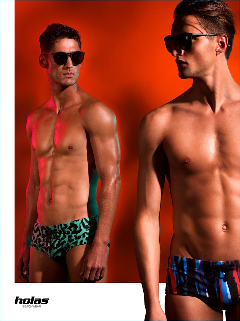 Sporting vibrant patterned swimsuits, Carlos Ferra and Fábio Oliveira star in Holas Beachwear's spring-summer 2017 campaign.