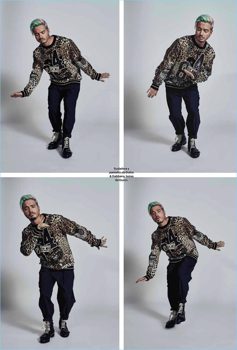 Starring in an Esquire México photo shoot, J. Balvin wears a sweater and pants by Dolce & Gabbana with Gucci boots.