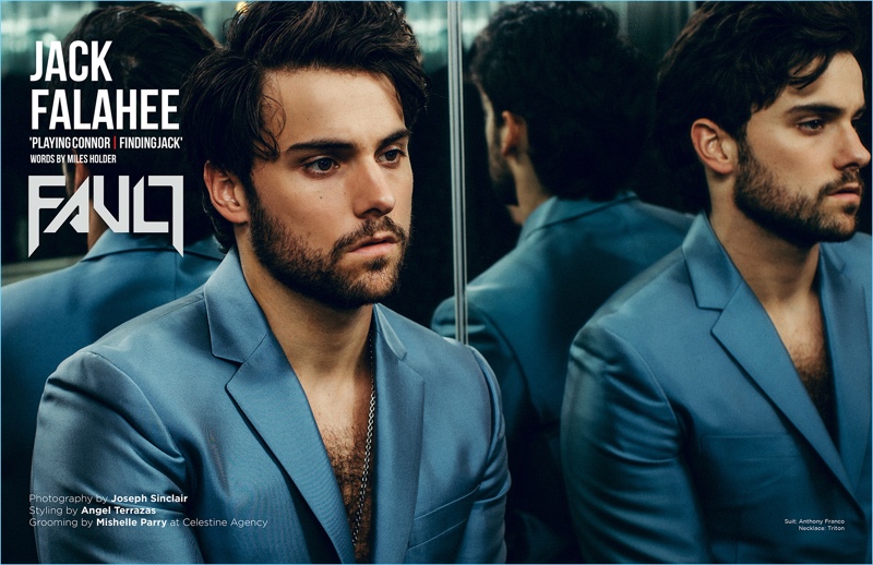 Jack Falahee wears a blue Anthony Franco with a Triton necklace for Fault magazine.