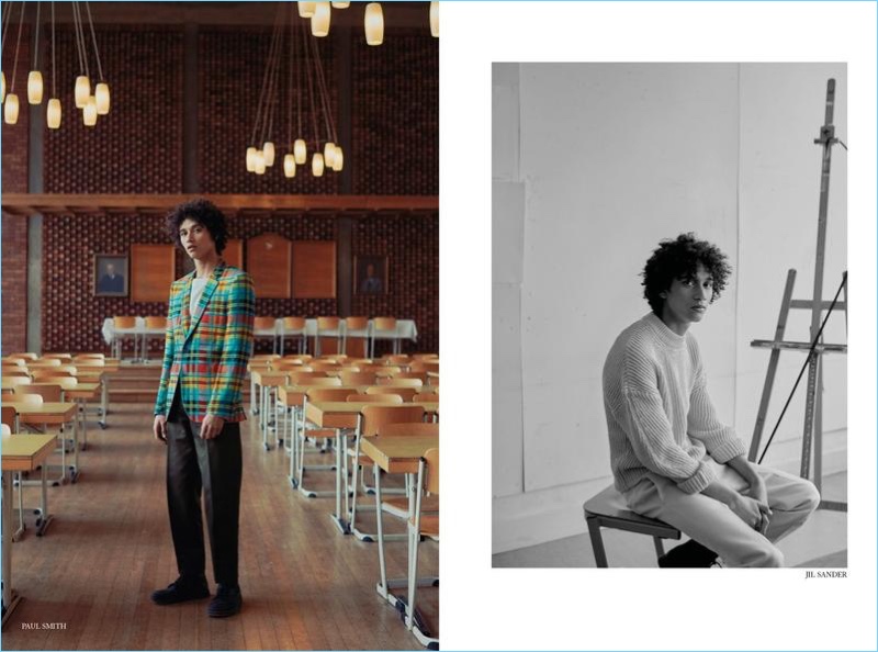 Left: Jackson Hale wears Paul Smith. Right: Appearing in a black and white photo, Jackson sports Jil Sander.