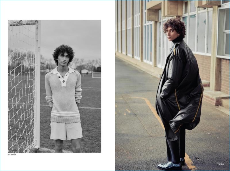 Left: Jackson Hale dons Hermes. Right: Jackson sports an oversized look by Prada.