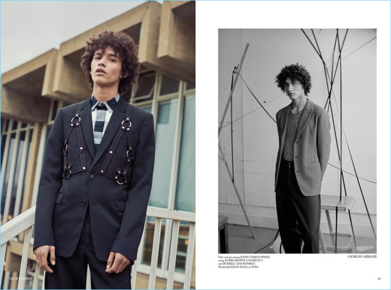 Left: Jackson Hale models a spring outfit from Dior Homme. Right: Jackson dons a tailored look by Giorgio Armani.