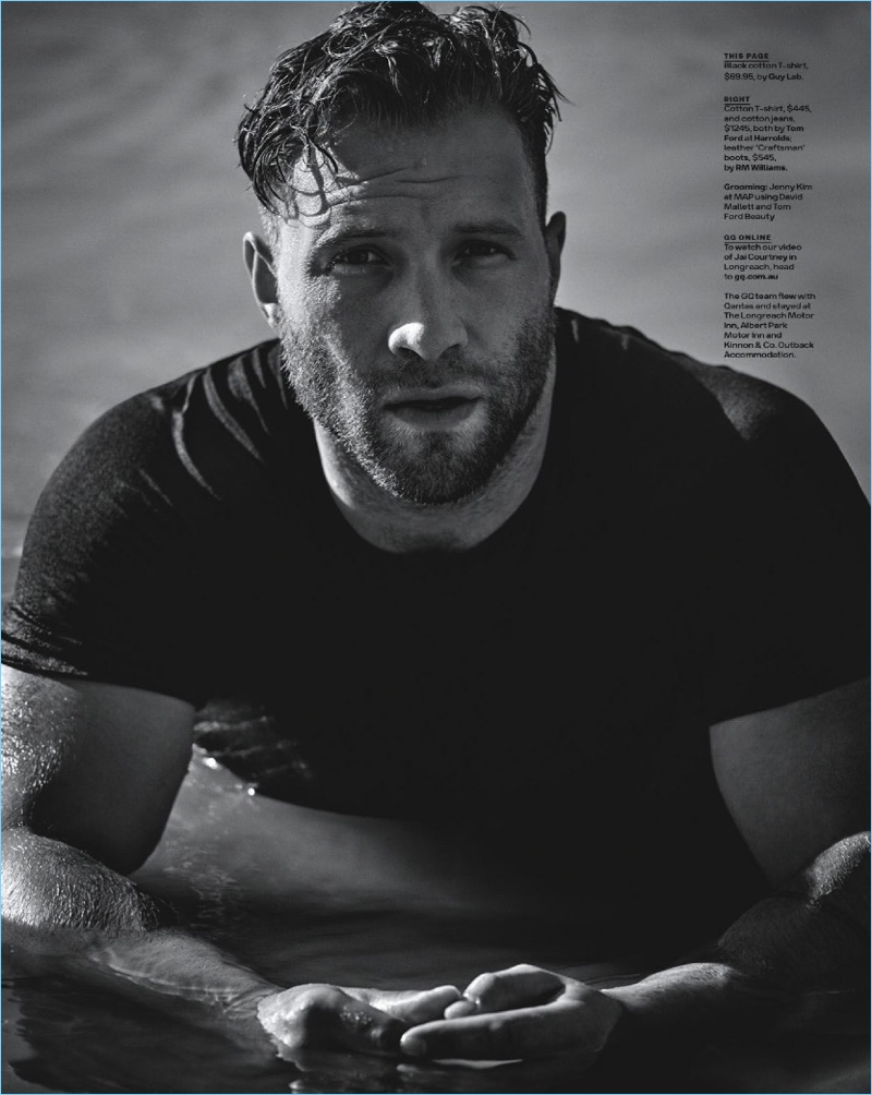 Ready for his close-up, Jai Courtney rocks a black Guy Lab t-shirt.