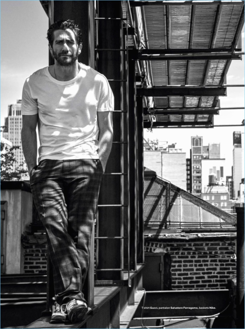 Matthew Brookes photographs Jake Gyllenhaal in a Gucci t-shirt with check Salvatore Ferragamo trousers and Nike sneakers.