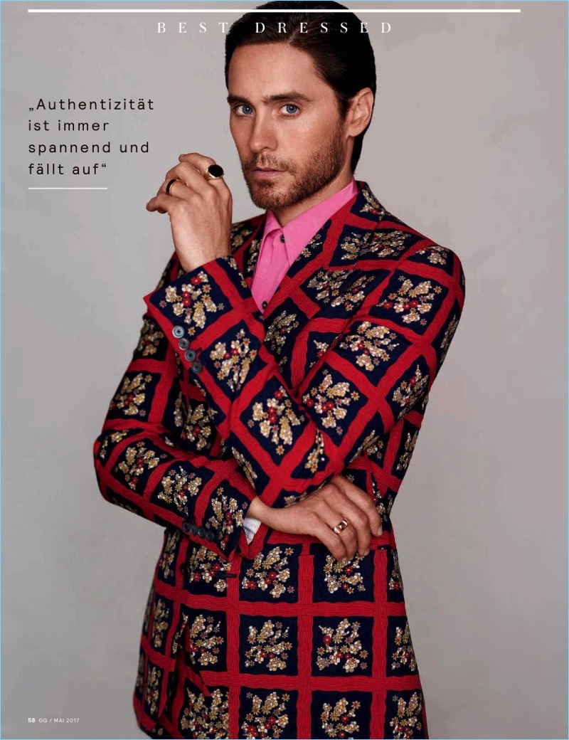 Actor Jared Leto dons a dandy red suit by Italian fashion house, Gucci.