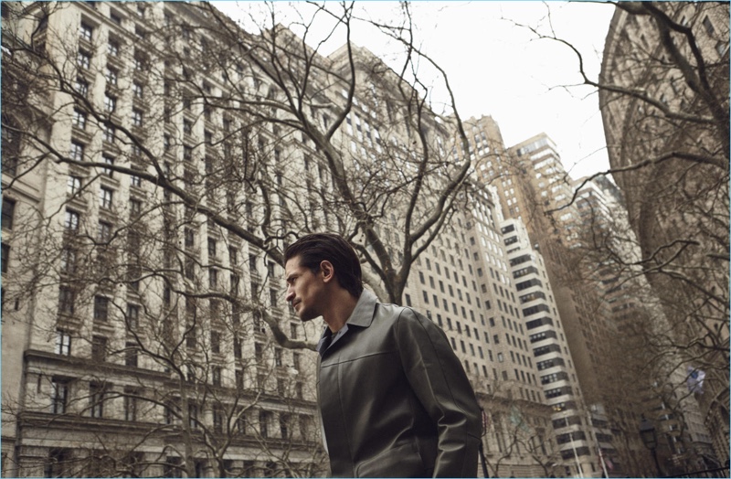 A sleek vision, Jarrod Scott wears a BOSS Hugo Boss leather jacket.
