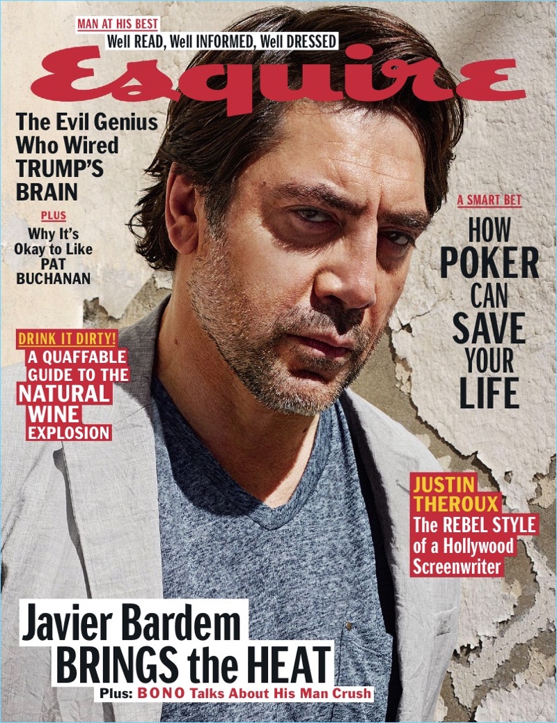 Javier Bardem covers the May 2017 issue of Esquire.