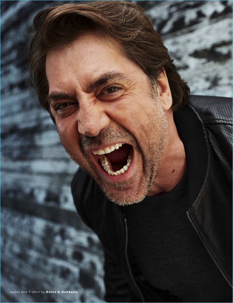 Letting out a yell, Javier Bardem wears a t-shirt and jacket from Dolce & Gabbana.