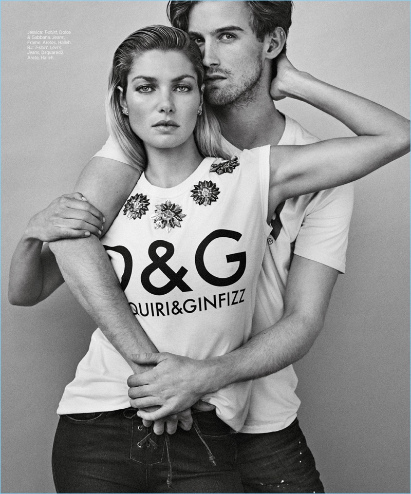 Embracing Jessica Hart, RJ King wears a Levi's t-shirt with Dsquared2 jeans.