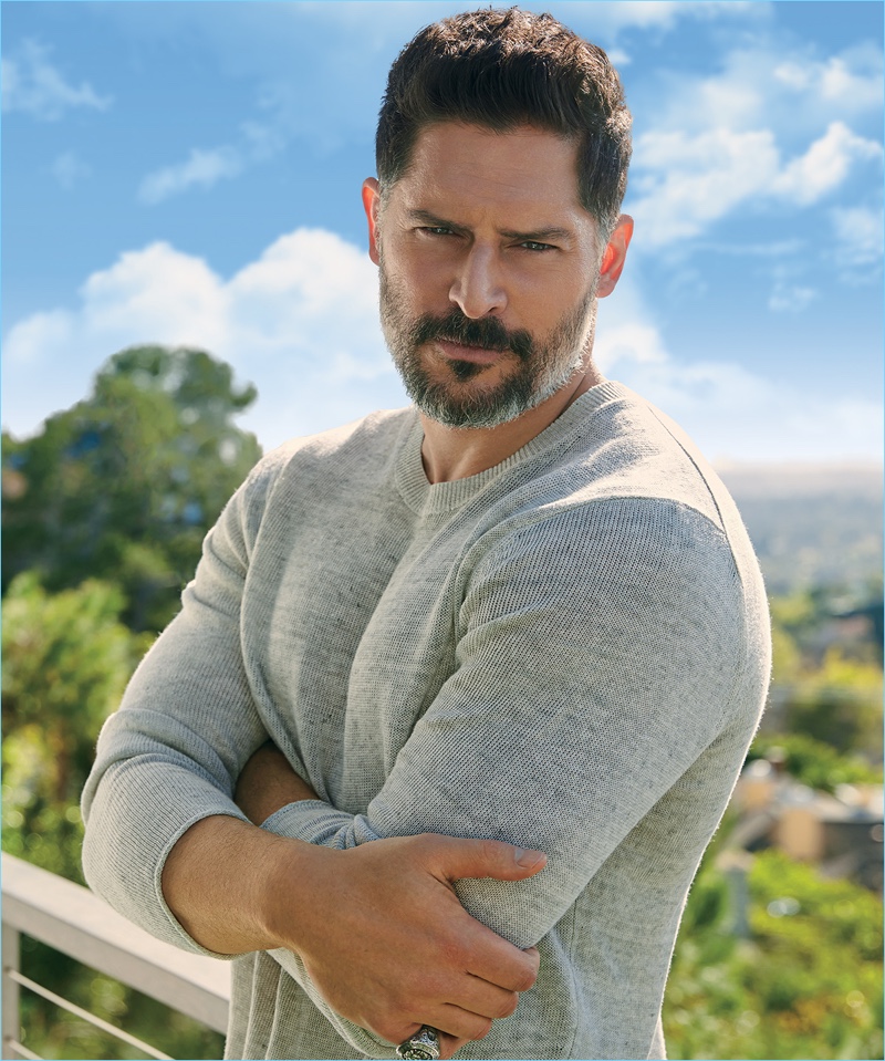 John Russo photographs Joe Manganiello in a Vince linen sweater for Ocean Drive.