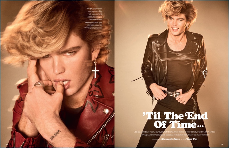 Left: Jordan Barrett wears a red and black leather biker jacket by Coach 1941. Right: Jordan sports a fringe leather jacket and skinny jeans from Coach 1941.