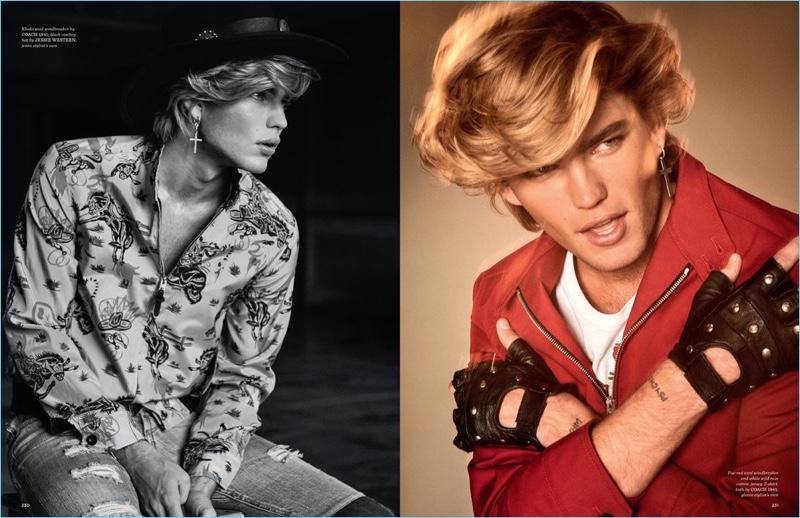 Left: Jordan Barrett wears windbreaker by Coach 1941 with a Jessie Western hat. Right: Jordan sports a t-shirt and red jacket from Coach 1941.