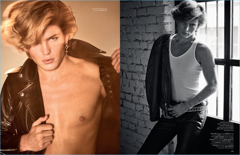 Left: Jordan Barrett flashes some skin in a fringe leather jacket by Coach 1941. Right: Jordan sports a leather jacket and jeans from Coach 1941.