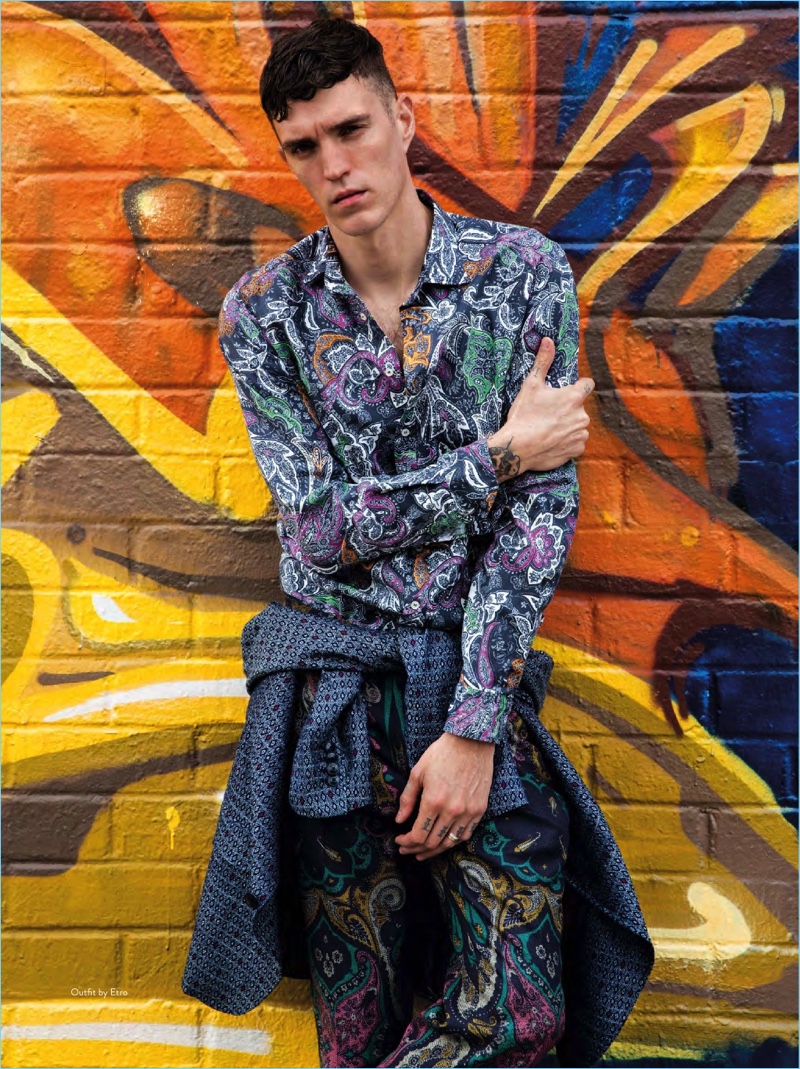 Josh Beech mixes vibrant prints with fashions from Etro.
