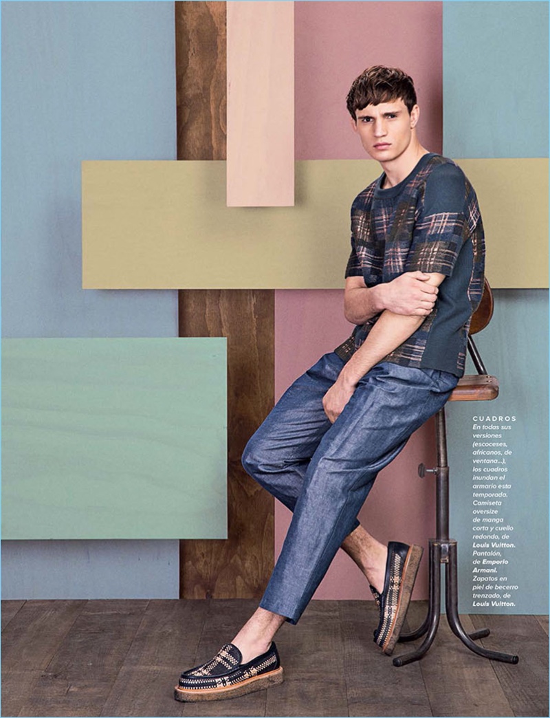 Julian Schneyder wears a Louis Vuitton shirt and shoes with Emporio Armani trousers.