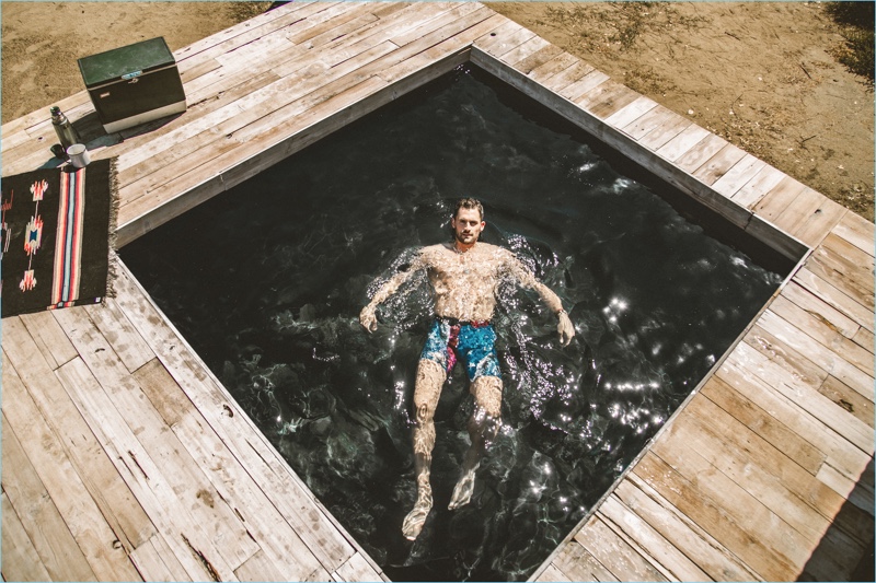 Basketball player Kevin Love takes a dip in his SAXX Fuse long leg modern fit underwear $33.95 in a Rugged Americana print.