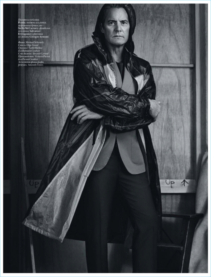 Kyle MacLachlan wears Prada, Stella McCartney, Salvatore Ferragamo, and Giorgio Armani for Vogue Man Ukraine.