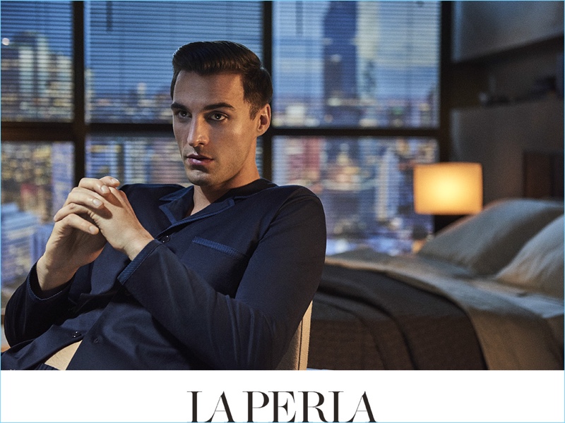 Nikolai Danielsen dons La Perla lisle jersey pajamas $475 for the brand's spring-summer 2017 campaign.