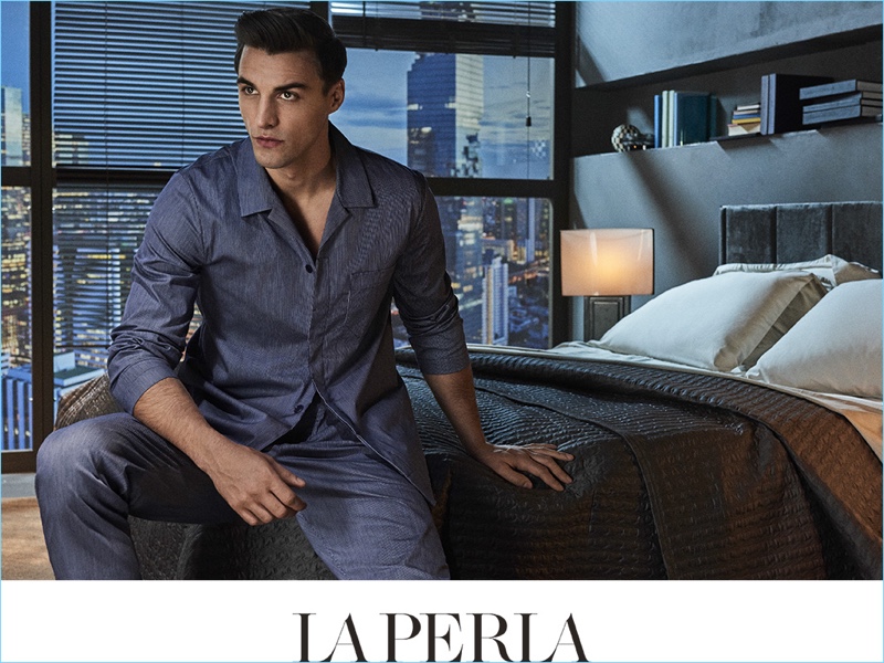 Ready for bed, Nikolai Danielsen wears La Perla pajamas $780 for the brand's spring-summer 2017 campaign.