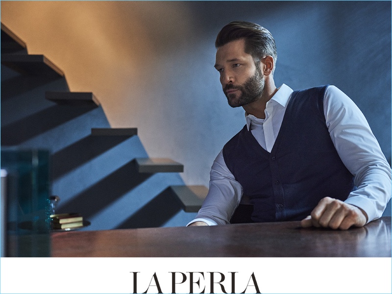 Dressed in La Perla ready to wear, John Halls sports a stretch cotton blend shirt $540.