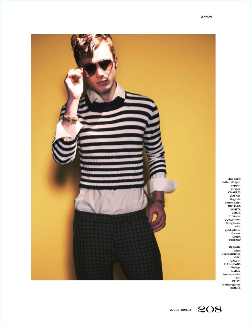Front and center, Lennon Gallagher wears a striped Charles Jeffrey sweater with a Bottega Veneta shirt. Lennon also dons Coach 1941 trousers, and Linda Farrow sunglasses.