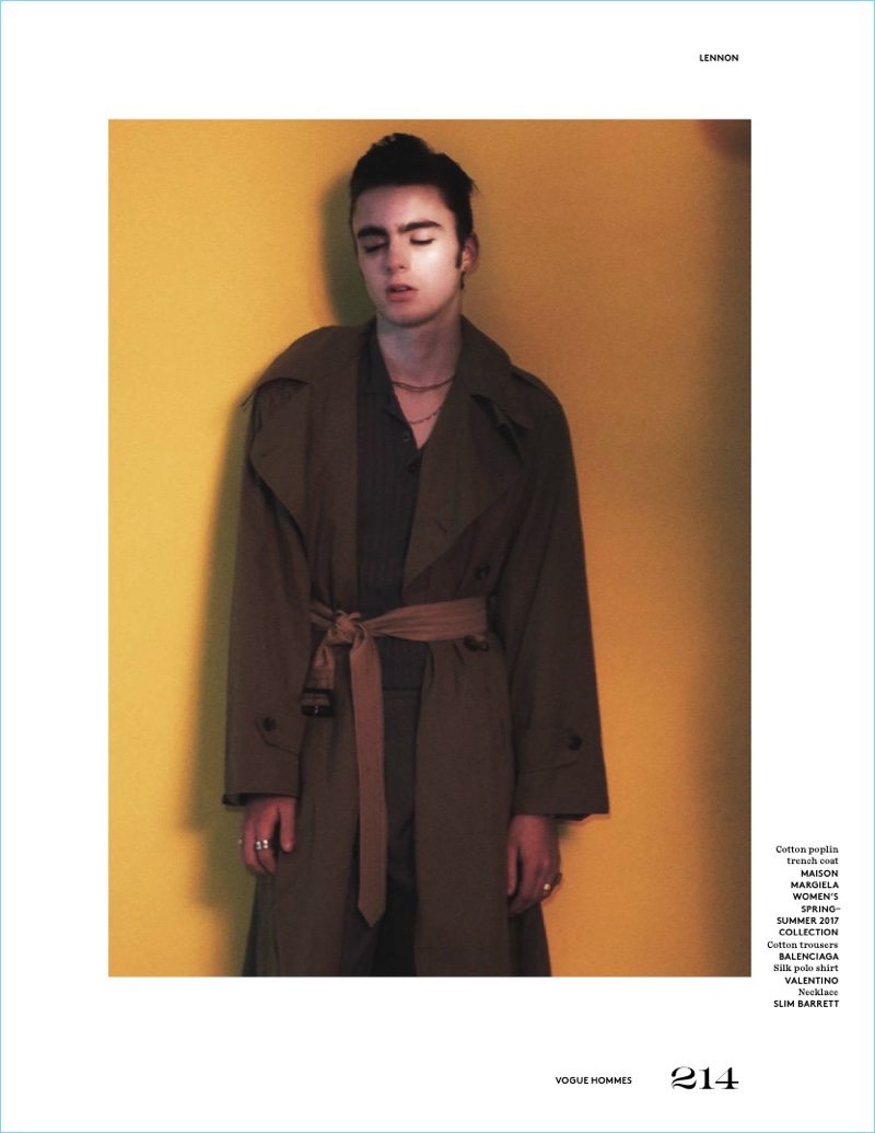 David Sims photographs Lennon Gallagher in a Maison Margiela trench with Balenciaga trousers, and a Valentino shirt.