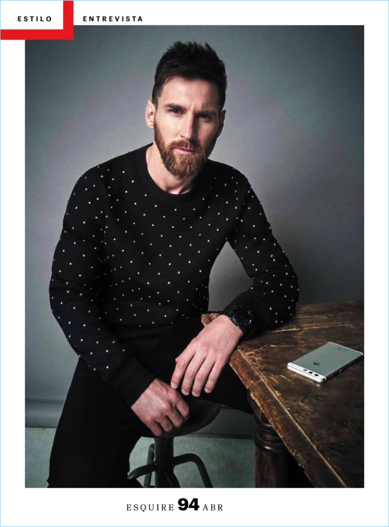 Leo Messi sports a Burberry studded sweater $895.