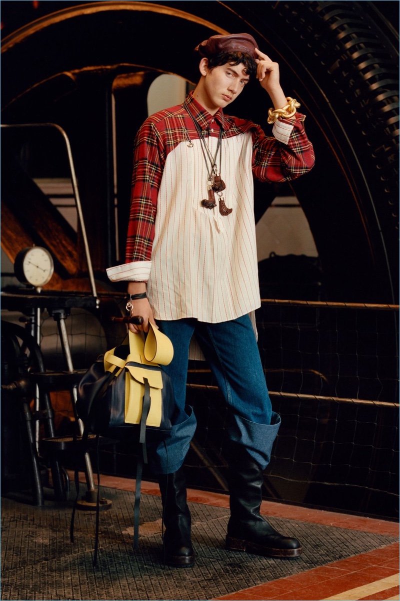 A handmade quality steals the spotlight with paneled fabrics creating a standout shirt from Loewe's fall-winter 2017 collection.