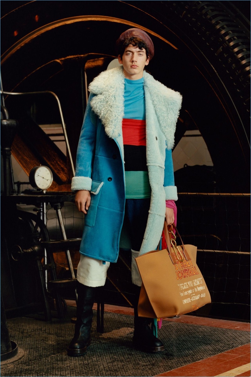 The shearling coat receives a colorful update in teal for Loewe's fall-winter 2017 collection.