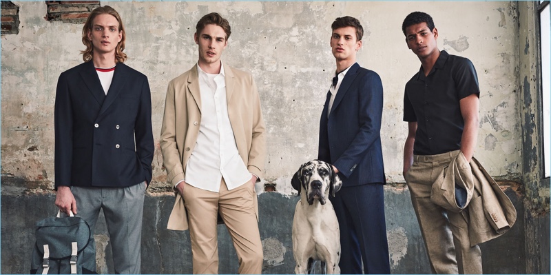 Models Paul Boche, Tommy Marr, David Trulik, and Tidiou M'Baye wear tailoring looks from Mango Man.