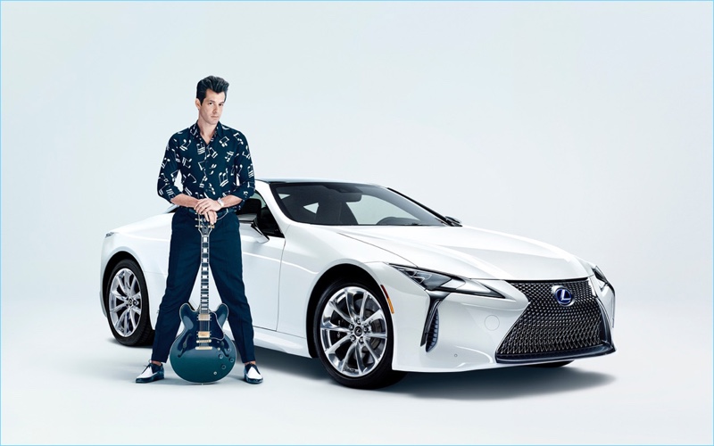 Mark Ronson channels rockabilly style in a music note shirt for Lexus' Make Your Mark campaign.