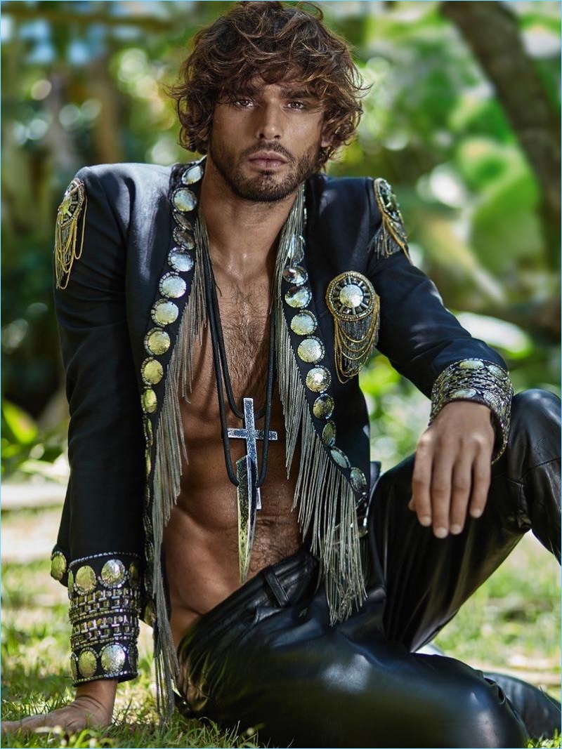 Brazilian model Marlon Teixeira wears a bold number from Balmain.