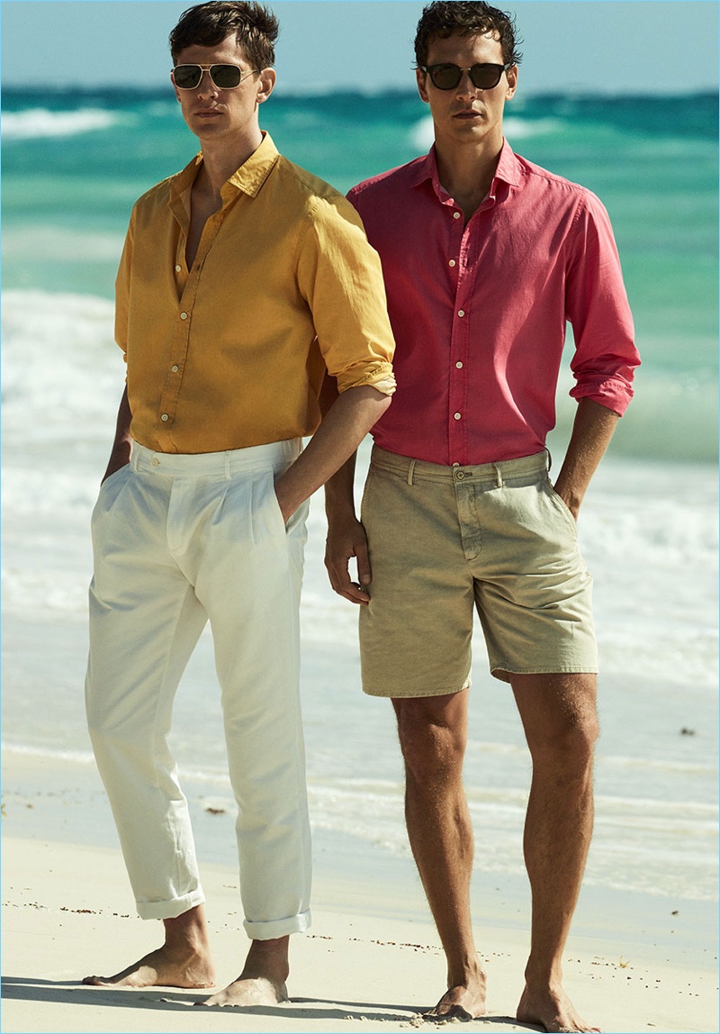 Summer style is front and center as Mathias Lauridsen and Alexandre Cunha don colorful shirts from Massimo Dutti.