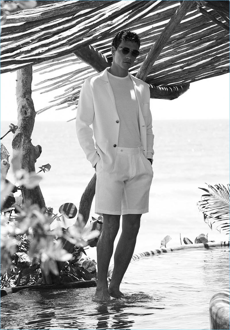 Brazilian model Alexandre Cunha wears an all-white look from Massimo Dutti.