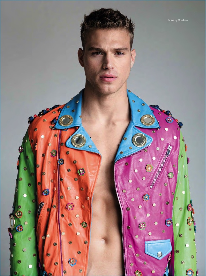 Making a bold statement a la Jeremy Scott, Matthew Noszka wears a Moschino leather biker jacket.