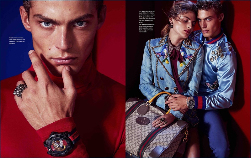 Model Jacob Hankin wears clothing and accessories by Gucci for the pages of Men's Style.