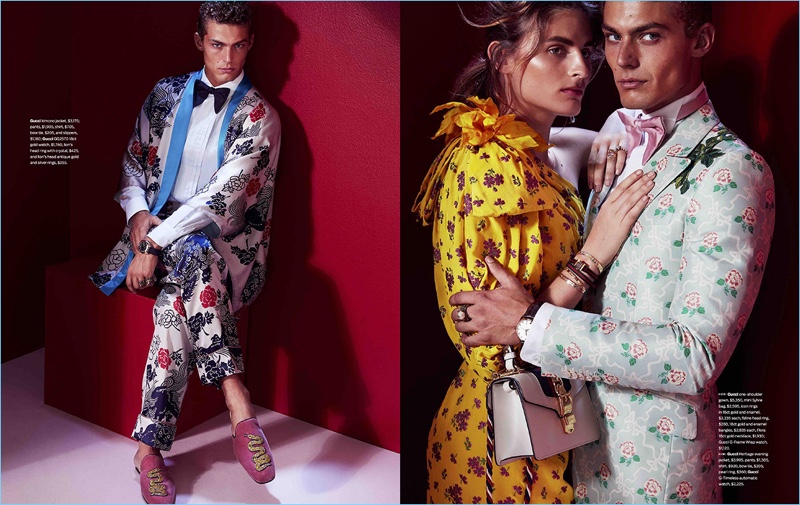 Embracing prints, Jacob Hankin wears Gucci for an editorial in Men's Style.