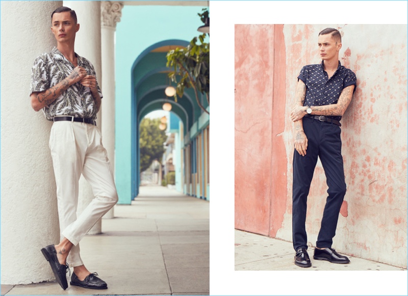 Left: Simon Kotyk wears a Barney Cool print camp collar short-sleeve shirt $79, Scotch & Soda formal chinos $135, Chamula Merida shoes $103, Scotch & Soda leather belt $48, and Vivienne Westwood Angelo ring $271. Right: Simon models a Naked & Famous Denim button-down short-sleeve shirt $115, Rag & Bone Fit 2 chinos $225, Dr. Martens Cobden monk strap shoes $135, a Daniel Wellington Sheffield 40mm watch $229, and a Saturdays NYC Rockaway belt $85.