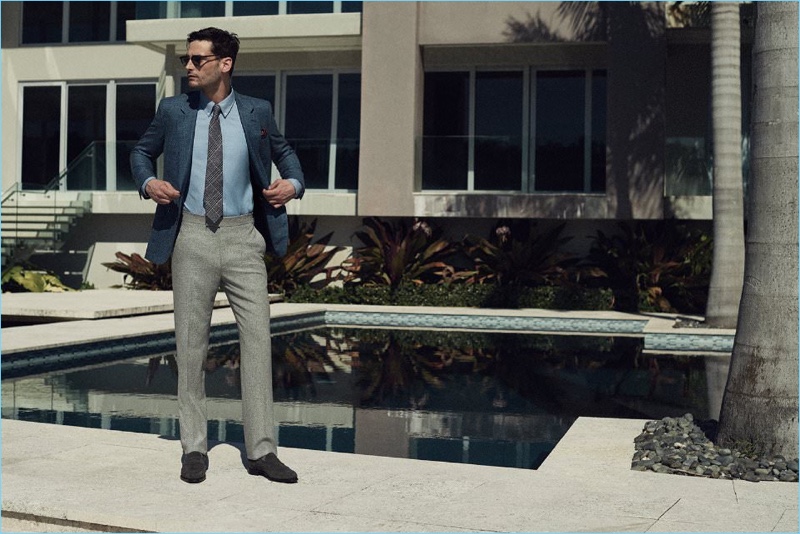 Mr Porter makes a case for smart suiting separates with a Kingsman blue slim-fit mélange wool, silk and linen-blend suit jacket $1,595 and wool flannel trousers $595. The luxury brand also serves up a Kingsman + Turnbull & Asser blue slim-fit cotton shirt $395, Kingsman + George Cleverley Newport suede penny loafers $750, Kingsman + Cutler & Gross D-Frame sunglasses $500, Kingsman + Drake’s checked wool, silk, and linen-blend tie $145 and pocket square $95.