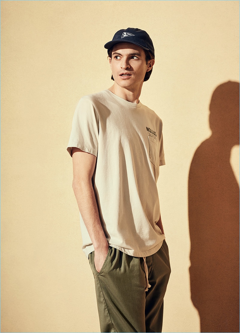 Tap into downtime style with a Mollusk embroidered cotton-twill baseball cap $45, printed cotton-jersey t-shirt $35, and Jeffrey tapered cotton-twill drawstring trousers $85.