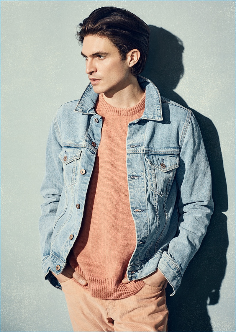 Simon Miller embraces a California ease with its denim jacket $485, alpaca sweater $575, and M004 cotton-corduroy trousers $405.
